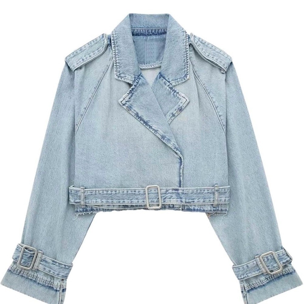 Indefeir Cropped Denim Moto Jacket Light Wash Belted Raw Hem Blue Womens Size S - Picture 7 of 10